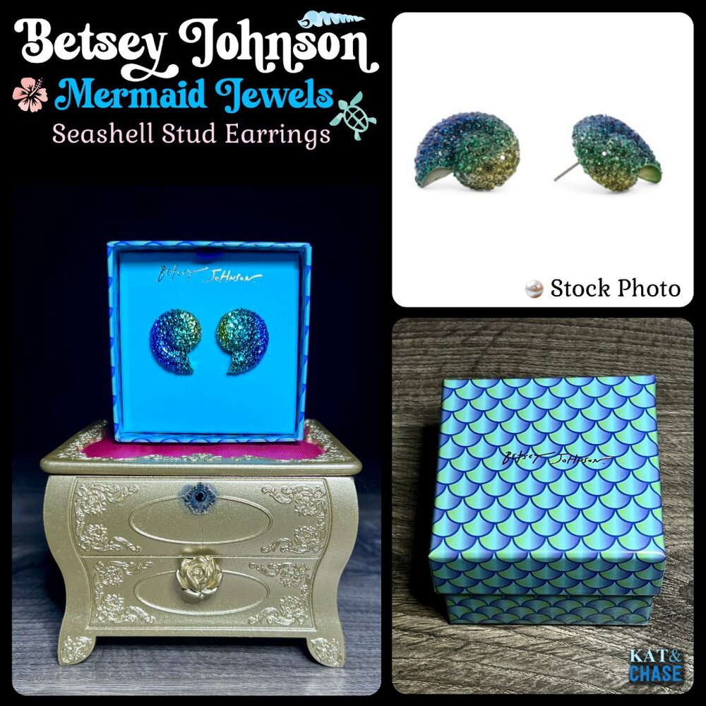 NWT Betsey Johnson Mermaid Jewels Conch Shell Earrings Blue Ombre Ursula Ariel